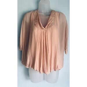 100% Silk Boho Peasant Top Amanti Italy Embroidered V-Neck Size Large